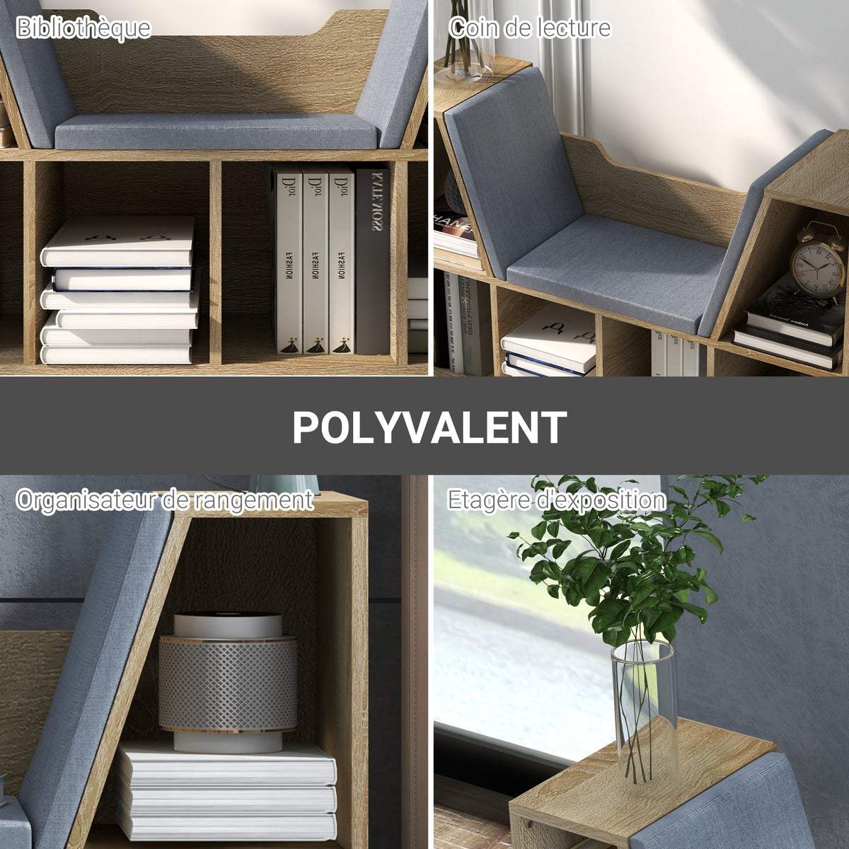 Bibliothèque Banc 2 en 1 Design Contemporain 6 casiers 3 Coussins fournis 102L x 30l x 61H cm Chêne Gris