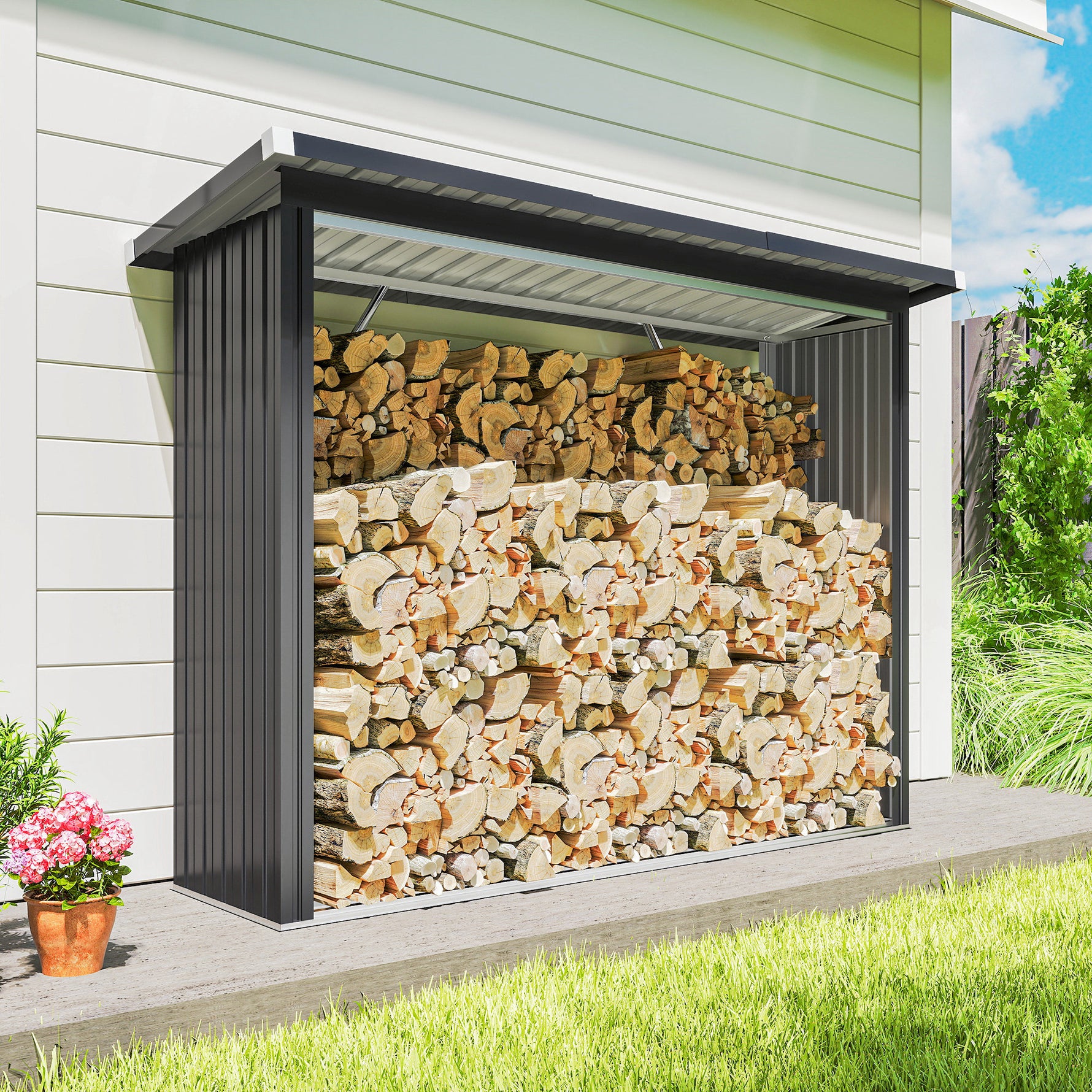 Abri-bûches couvert support pour bois de chauffage plancher surélevé toit incliné, acier galvanisé 213x66,5x150cm gris