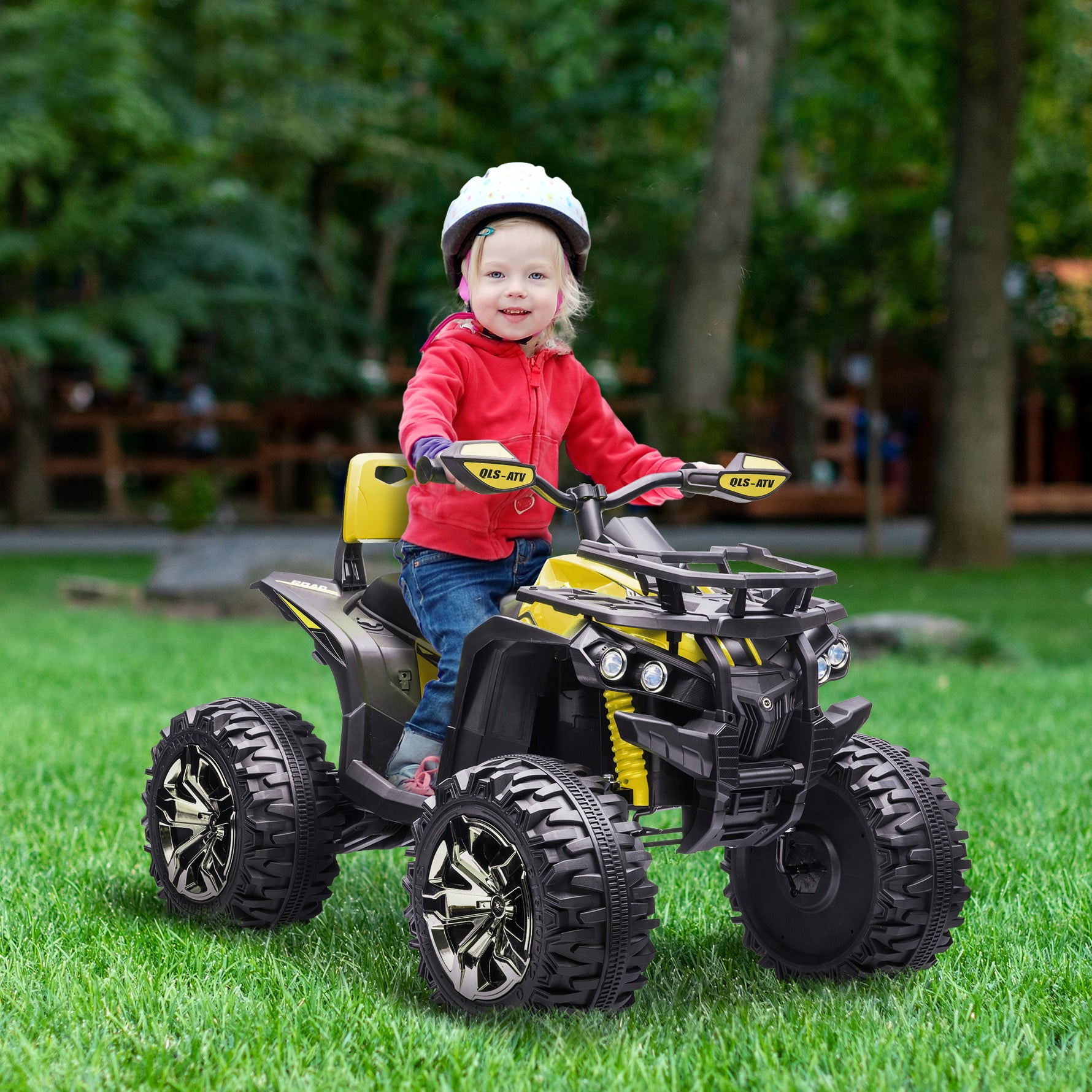 Quad Buggy électrique Enfant 12 V 8 Km/h Max. Voiture électrique Enfant avec Effets Lumineux sonores Selle avec Dossier Porte-Bagage Avant métal PP Jaune Noir