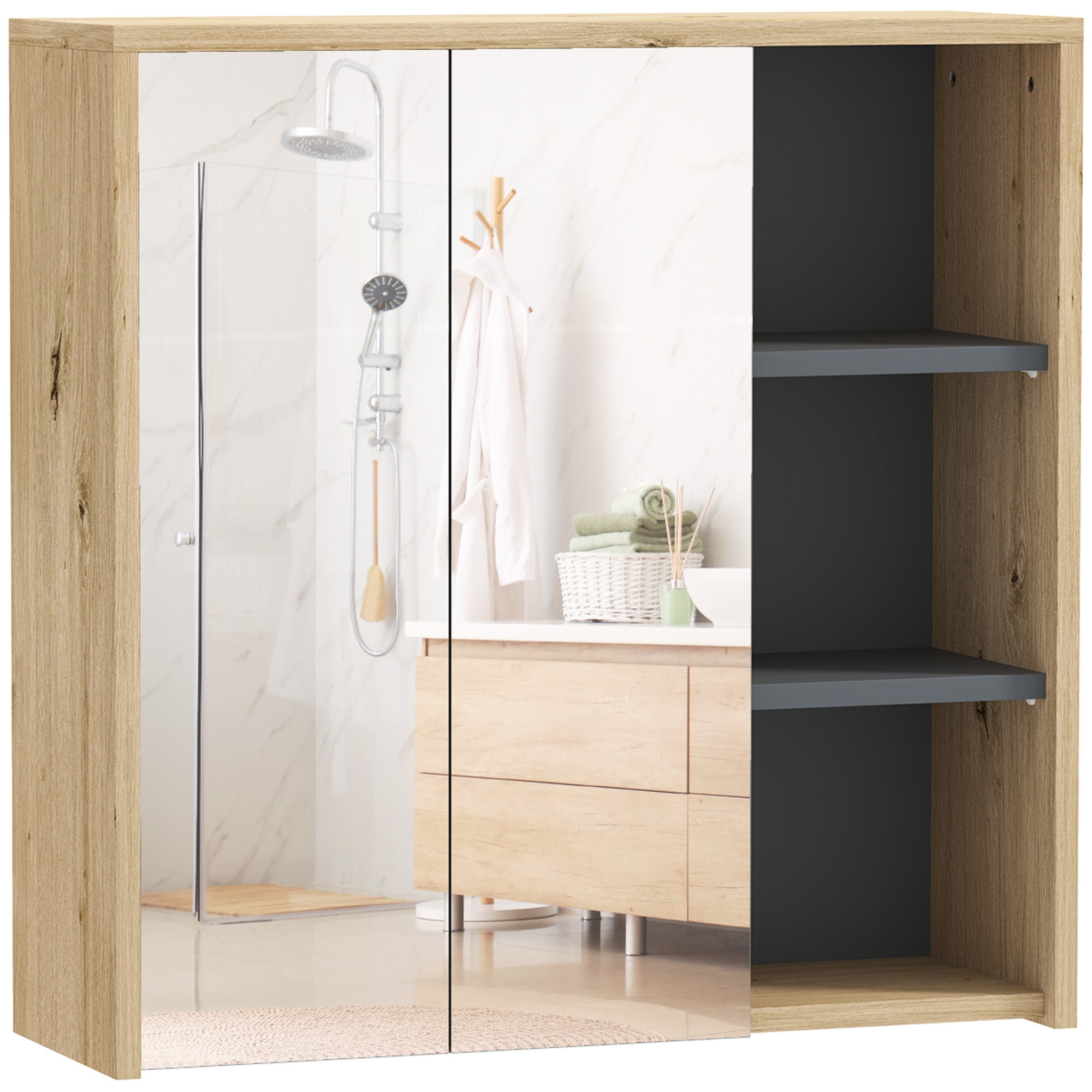 Armoire de salle de bain avec miroir armoire de toilette miroir mural 3 étagères ouverts 60 x 20 x 60 cm bois naturel