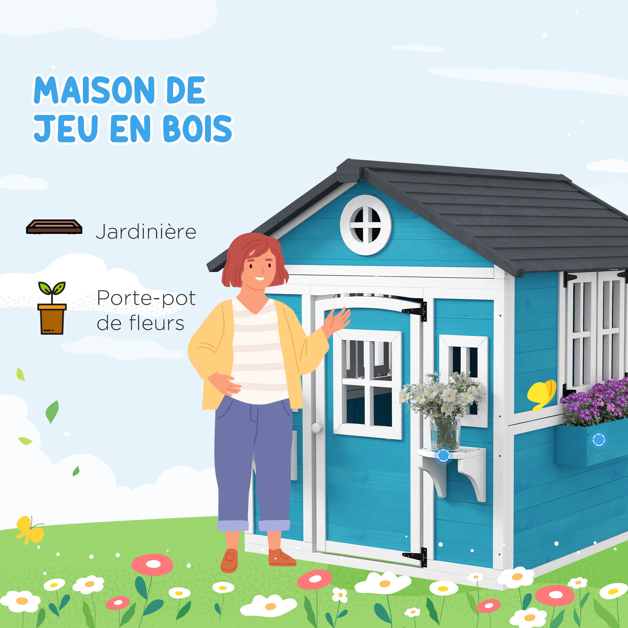 Cabane enfant extérieur maison enfant extérieure avec porte fenêtres et jardinières 114 x 126,4 x 135 cm bleu