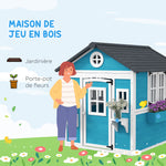 Cabane enfant extérieur maison enfant extérieure avec porte fenêtres et jardinières 114 x 126,4 x 135 cm bleu