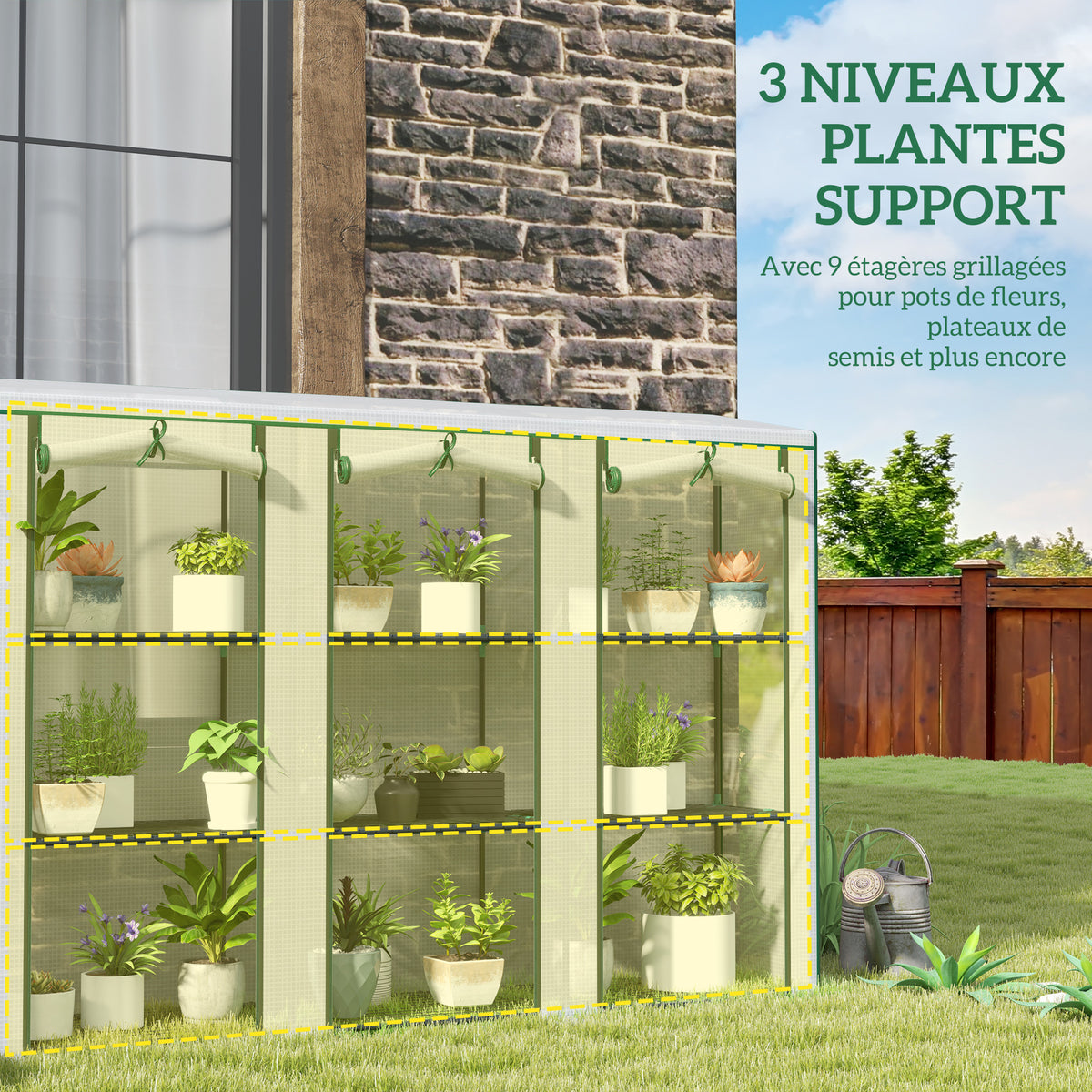 Serre de jardin avec étagères à 3 niveaux serre de balcon 3 portes enroulables zippées 215 x 46 x 151 cm blanc