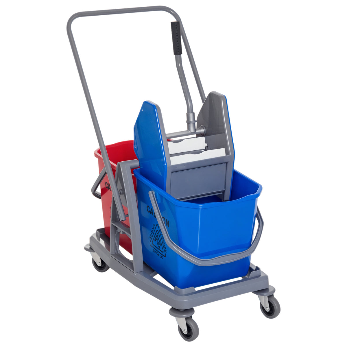 Professioneller Reinigungswagen mit Backenpresse, 2 Eimern à 25 l, 73 L × 45 B × 92 H cm, Kunststoff, grau/blau/rot