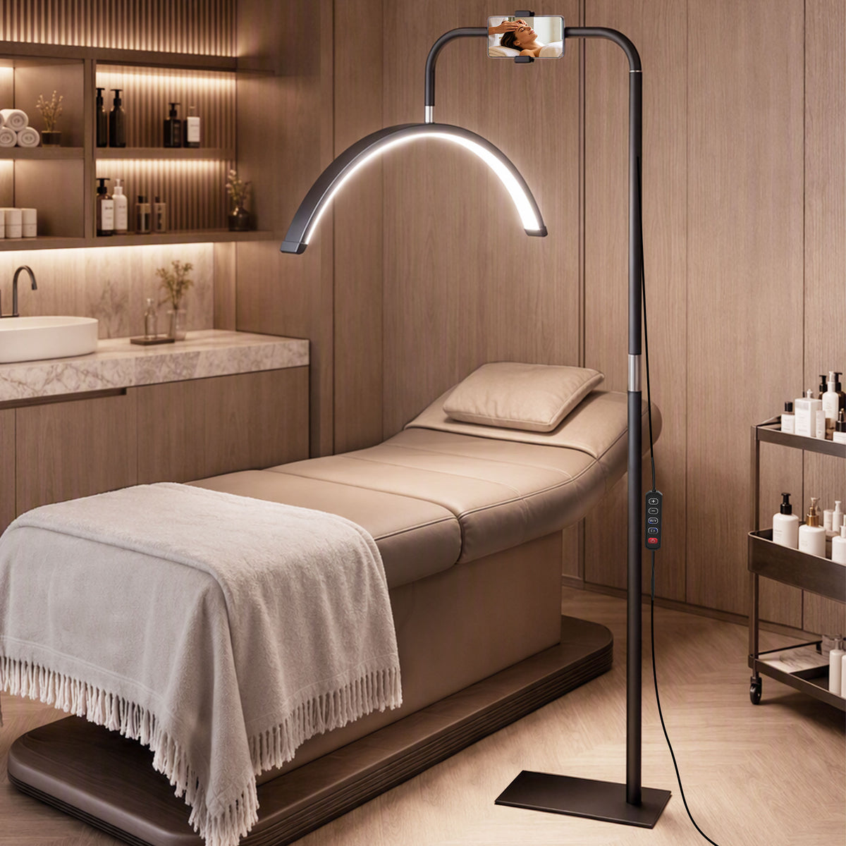 Lampadaire LED demi-lune rotative 350°, lampadaire sur pied salon dimmable 36 W, 7 températures de couleur, noir