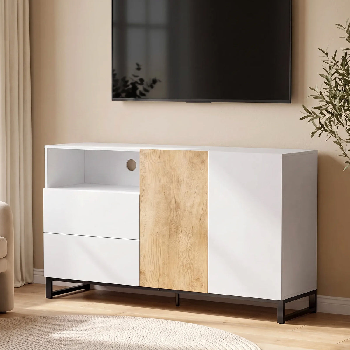 Buffet salon, meuble de rangement avec 2 portes à fermeture douce, 2 tiroirs et étagère réglable, blanc et chêne