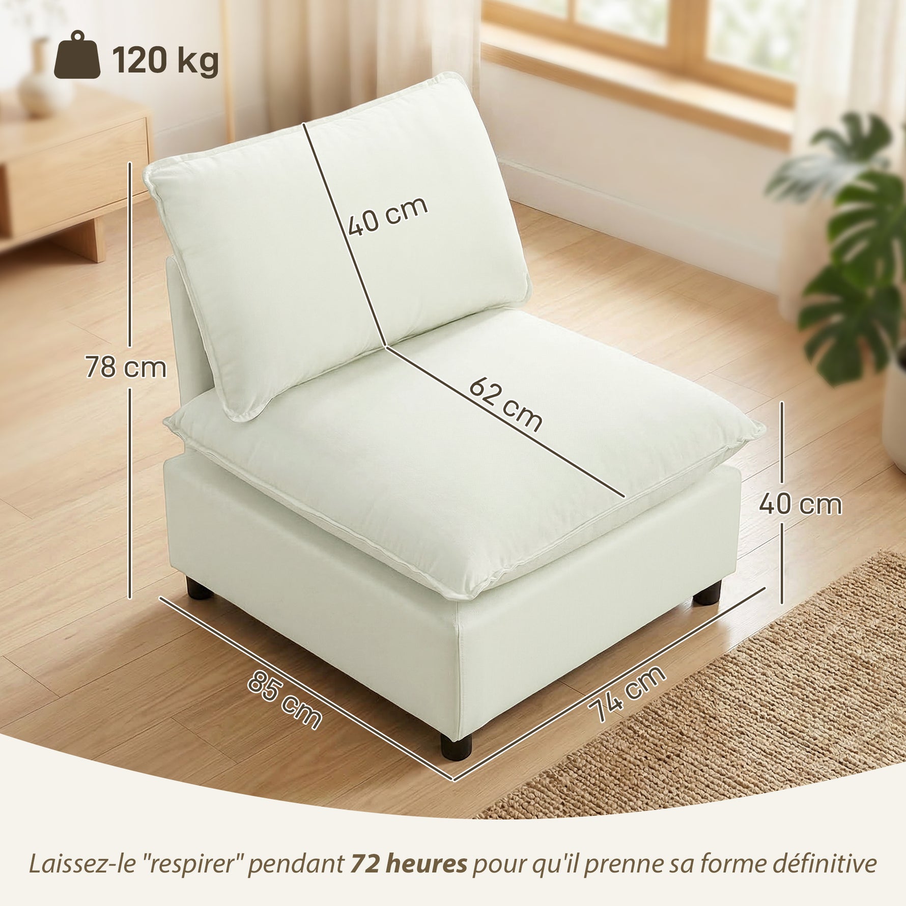 Fauteuil de salon, canapé 1 place moderne sans accoudoirs avec assise large, coussins épais, 146x85x78cm, crème