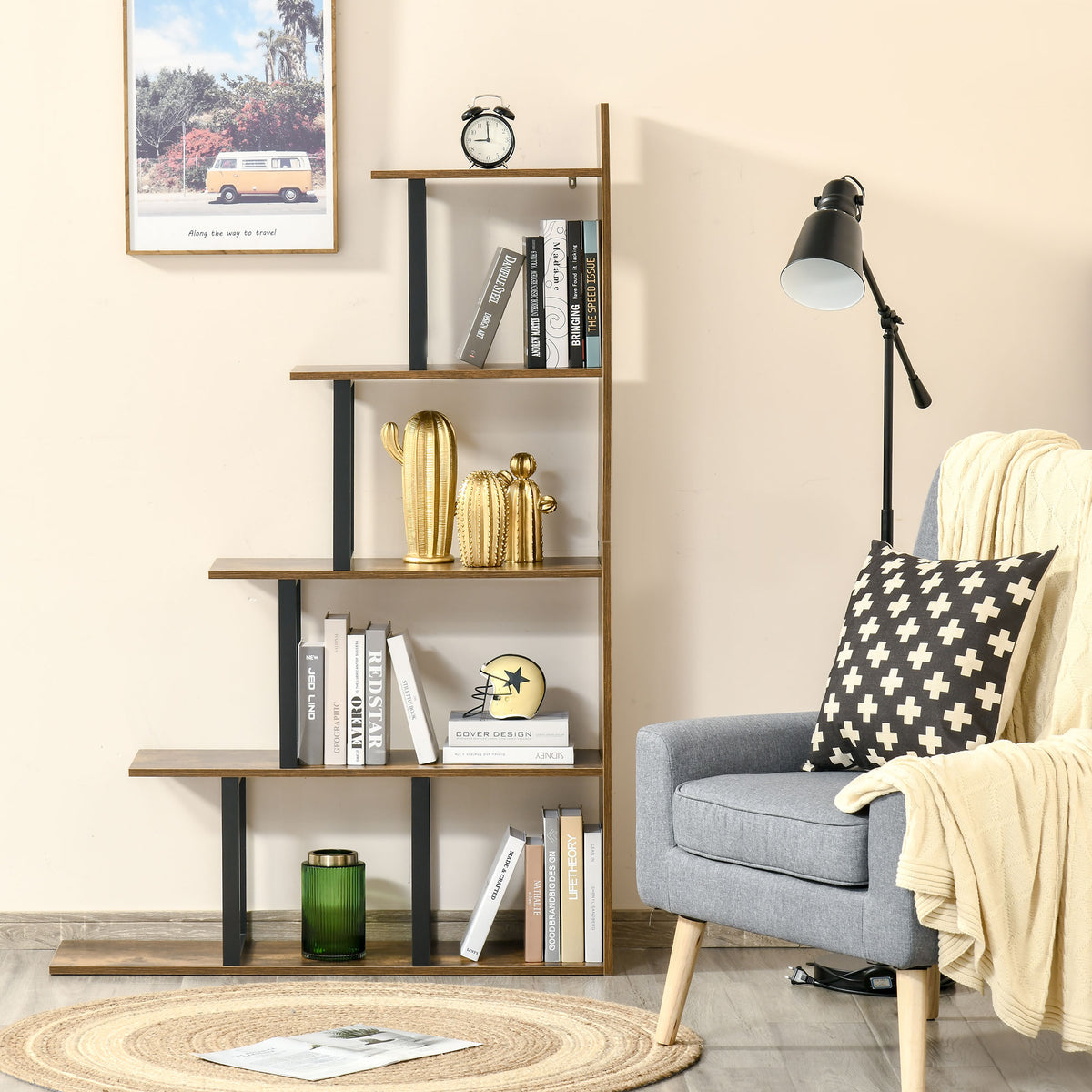 Étagère bibliothèque séparateur de pièce style industriel en escalier 5 étagères 102 x 30 x 160 cm, brun rustique