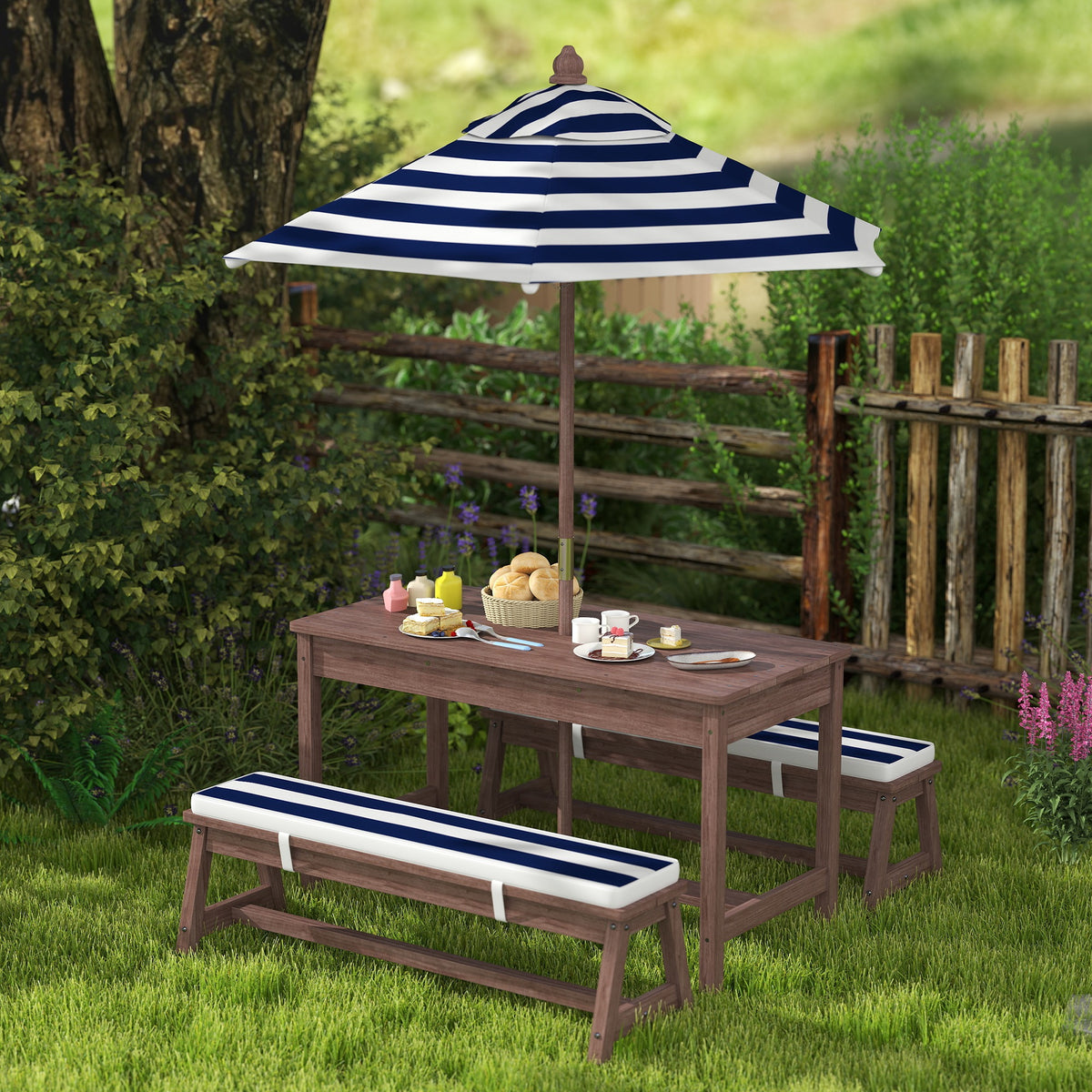 Set de muebles de jardín para niños con cojines y sombrilla extraíble, a rayas azul marino y blanco