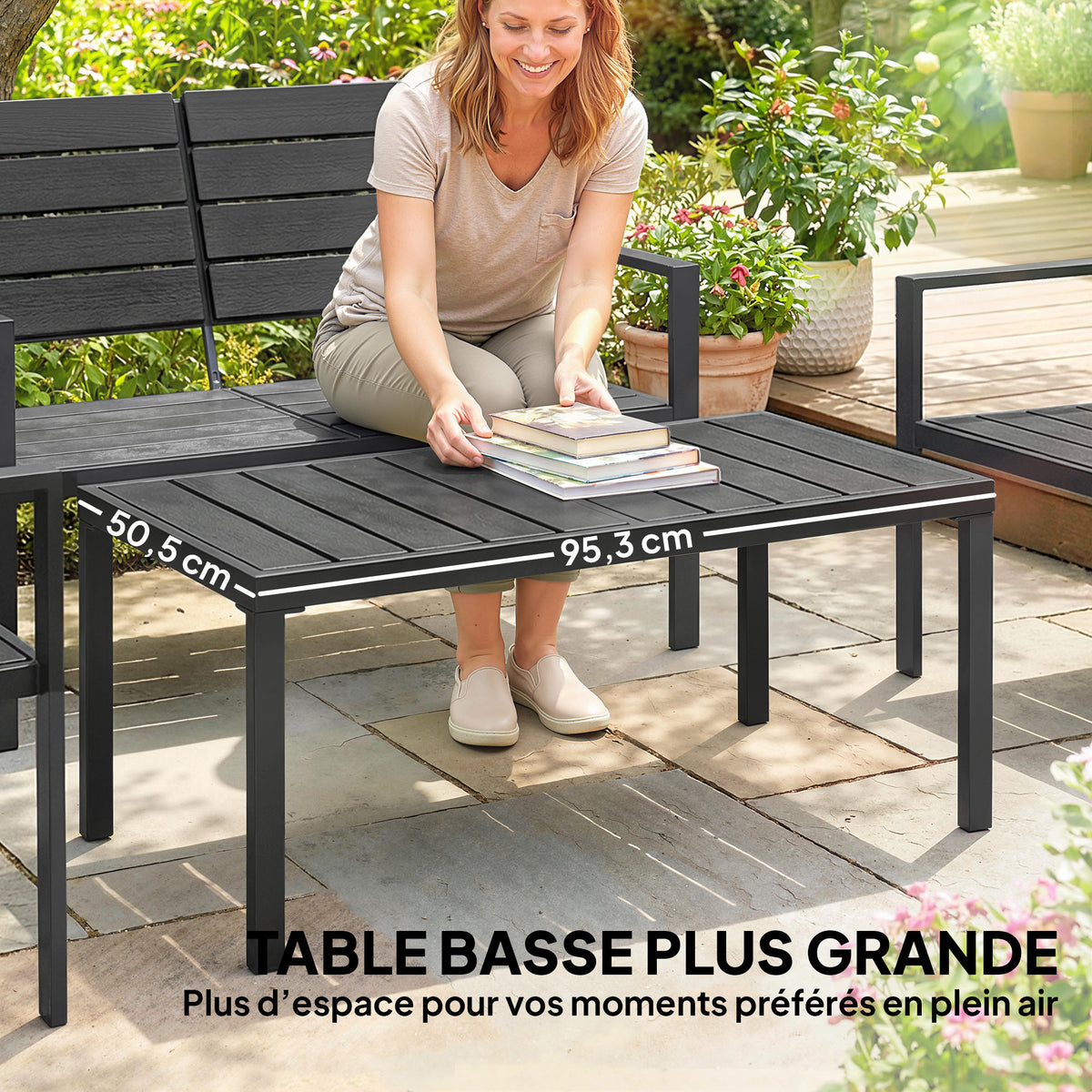 Salon de Jardin Extérieur 4 Pièces, Canapé 2 Places, 2 Chaises, Table Basse, Mobilier de Jardin en HDPE Effet Bois Noir