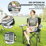 Chaise de camping pliante avec accoudoirs réglables, porte-gobelets, poches latérales et sac de refroidissement, noir