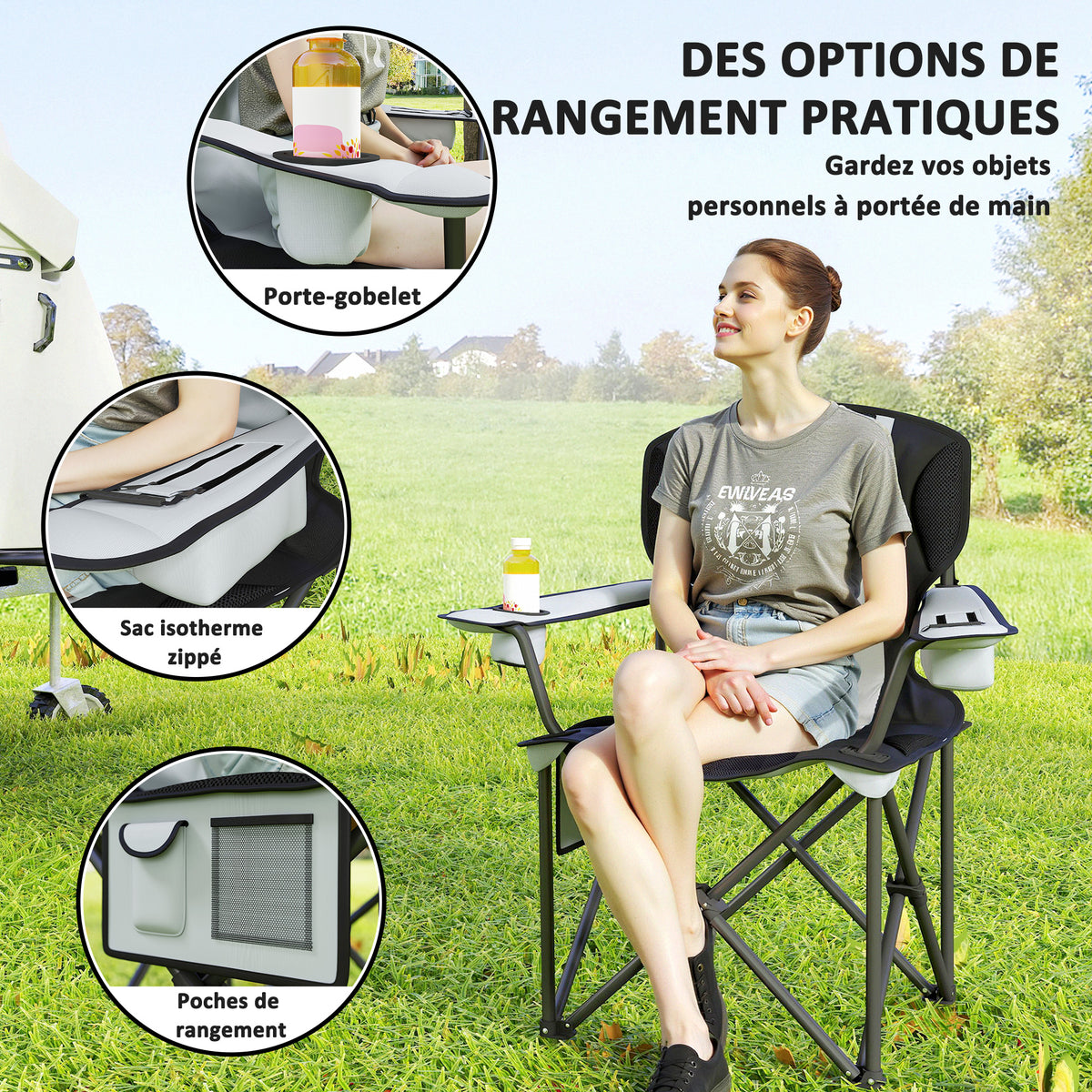 Chaise de camping pliante avec accoudoirs réglables, porte-gobelets, poches latérales et sac de refroidissement, noir