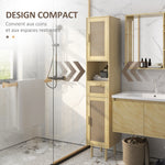 Meuble salle de bain colonne rangement salle de bain avec portes en rotin tiroir 2 placards 32 x 30 x 170 cm chêne