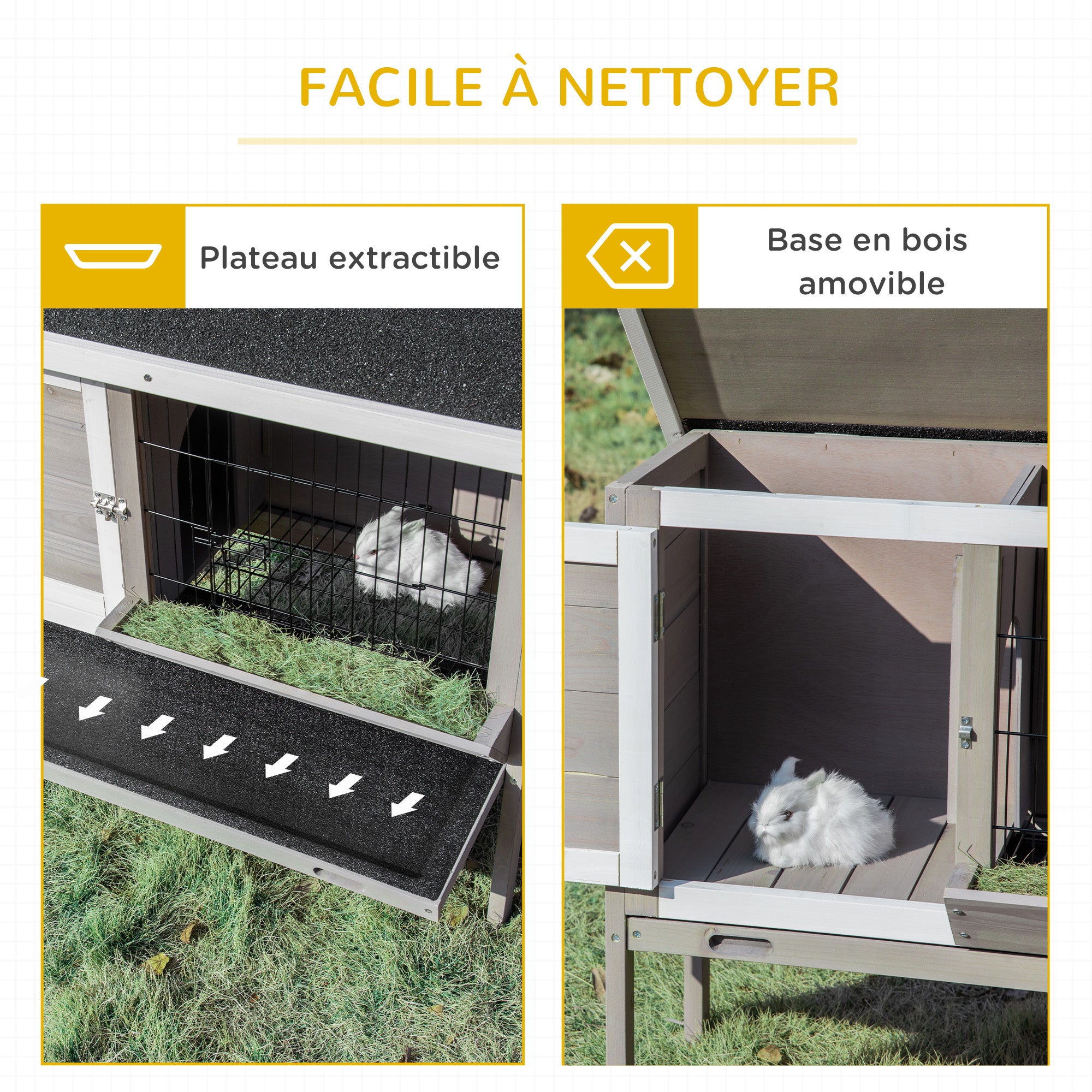 Clapier en bois pour lapin avec toit en asphalte mangeoire plateau amovible et 2 portes 91 x 46 x 71 cm gris