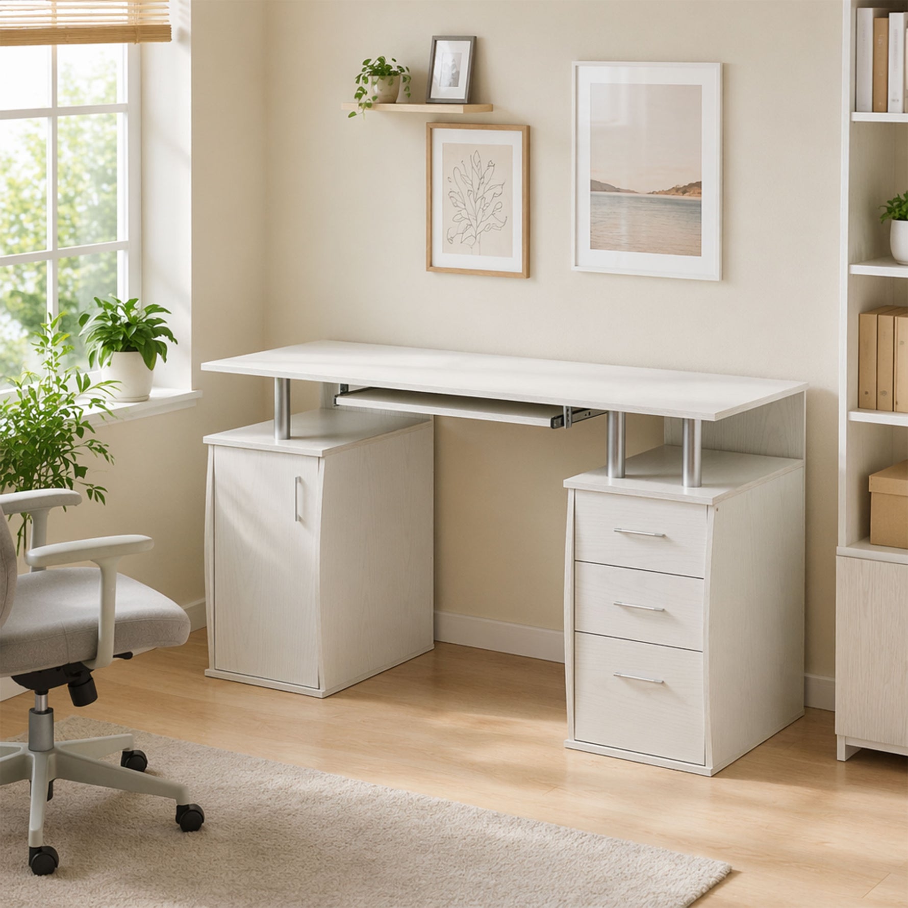 Bureau d'ordinateur, bureau informatique 120 x 55 cm avec plateau pour clavier, 3 tiroirs, pour chambre, domicile, blanc