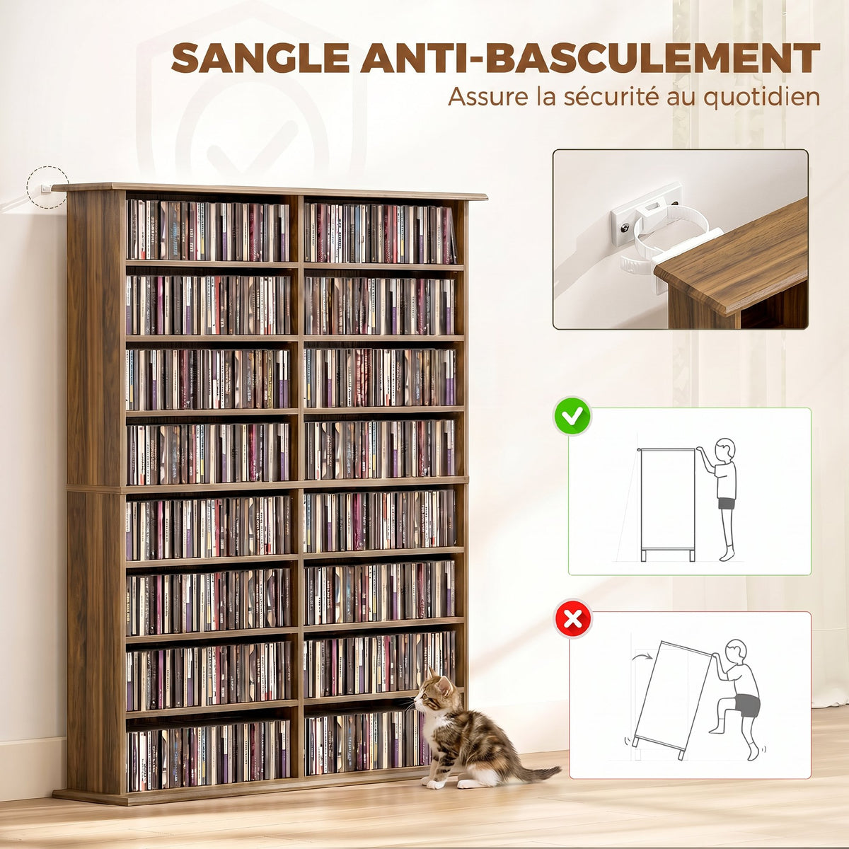 Rangements pour CD et DVD avec 16 compartiments et 12 étagères réglables capacité max. 720 CD/396 DVD et Blu-ray noyer