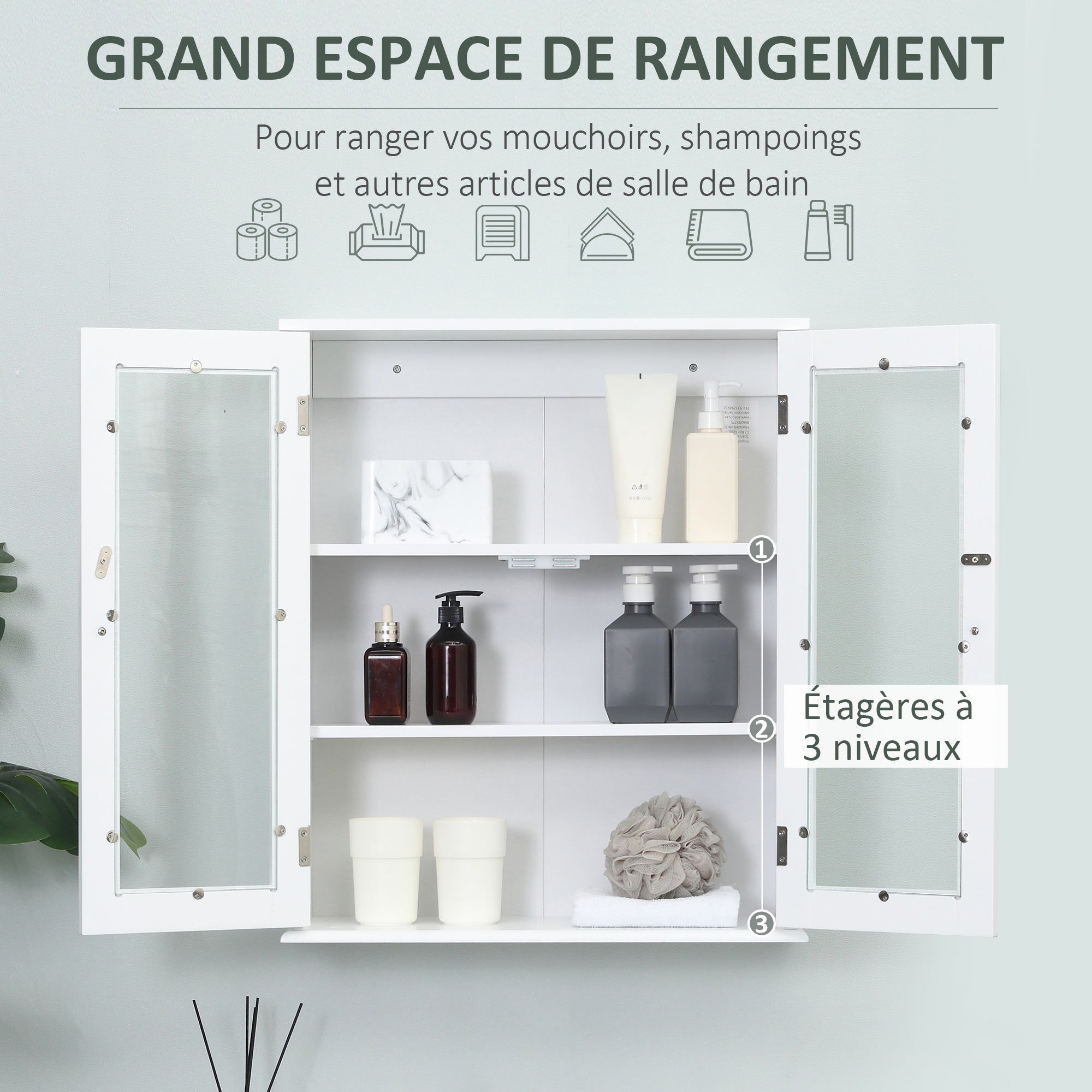 Armadietto pensile da bagno, mobile alto da bagno con 2 ante in vetro, ripiano regolabile, 55x20x65cm, bianco