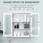 Armoire murale de salle de bain, meuble haut salle de bains avec 2 portes en verre, étagère réglable, 55x20x65cm, blanc