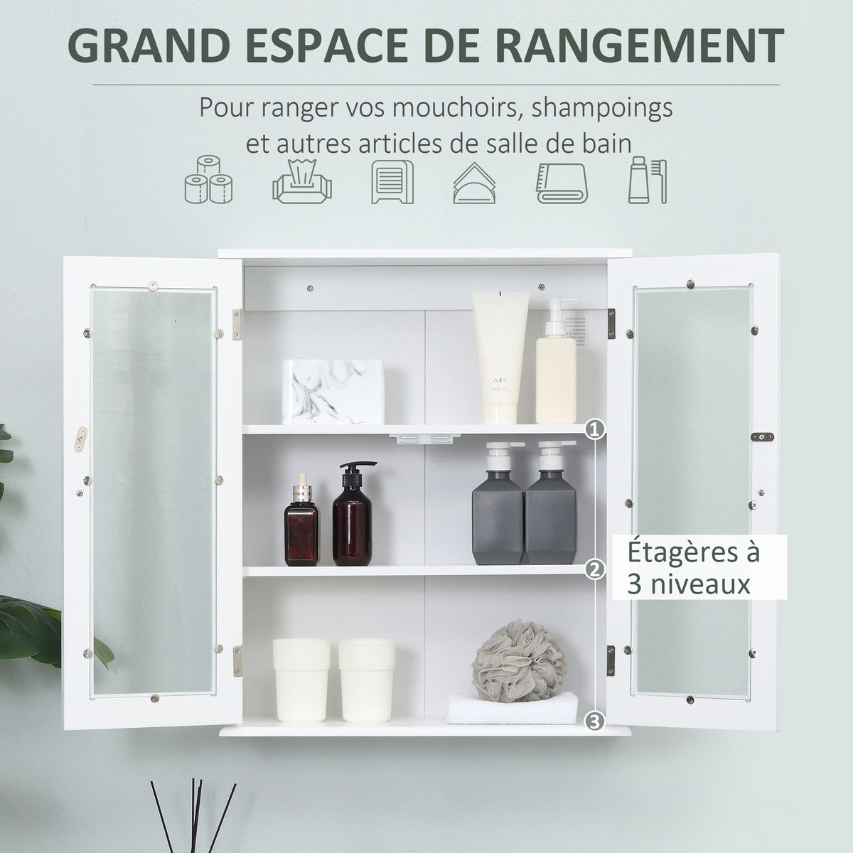 Armoire murale de salle de bain, meuble haut salle de bains avec 2 portes en verre, étagère réglable, 55x20x65cm, blanc
