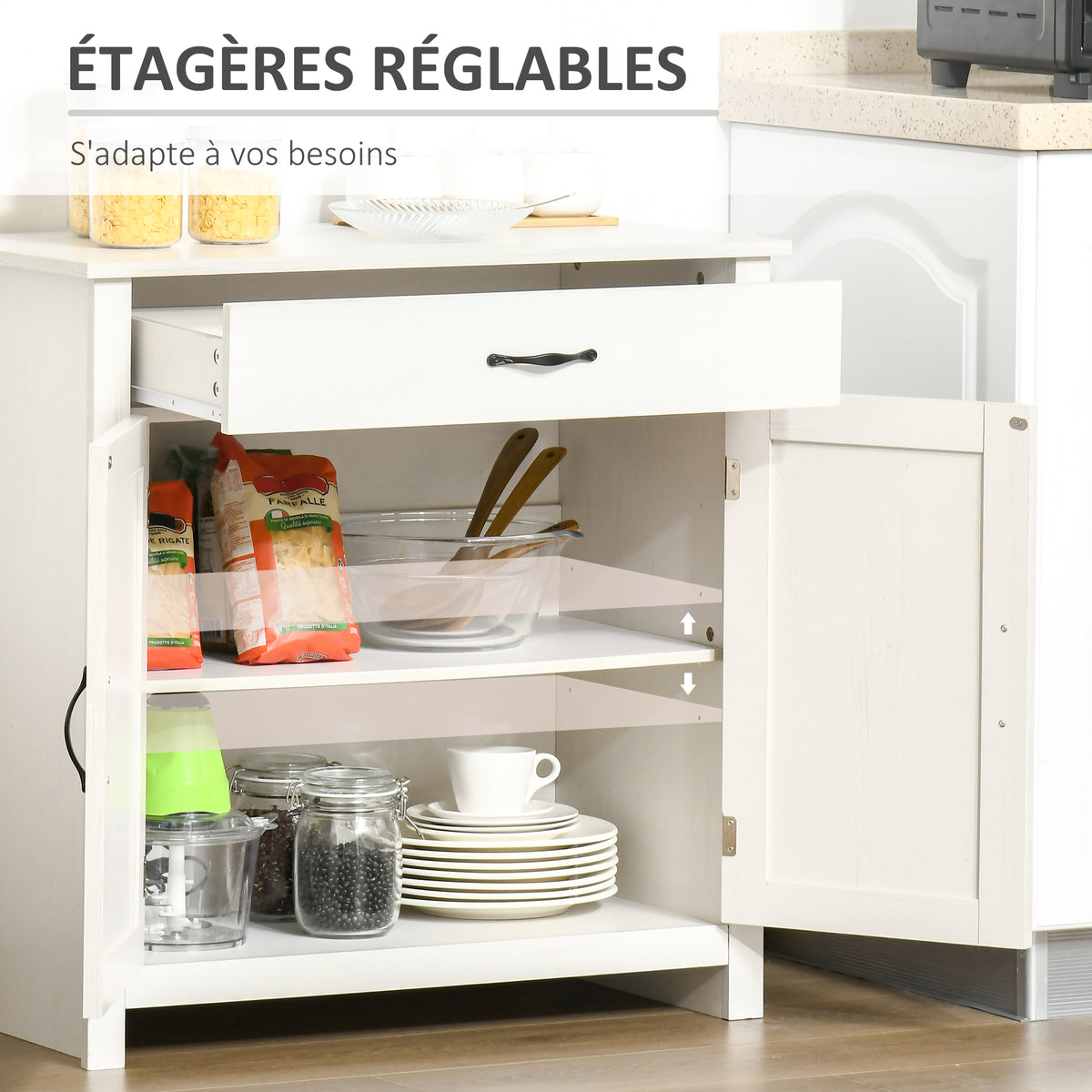 Buffet salon, meuble de rangement avec tiroir, 2 portes de grange et étagère réglable, 80 x 39,7 x 80 cm, blanc