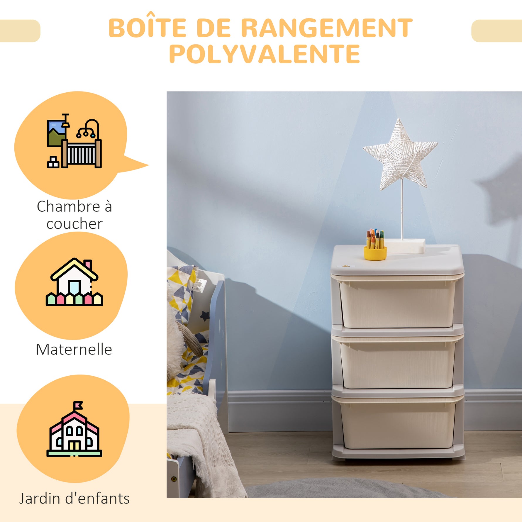 Organisateur de jouets pour enfants avec tiroirs à 3 niveaux, boîtes de rangement en plastique, 37 x 37 x 56,5 cm, crème