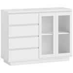 Buffet salon, meuble de rangement avec 4 tiroirs et 2 portes en verre trempé, étagère réglable, 120 x 40 x 91 cm, blanc
