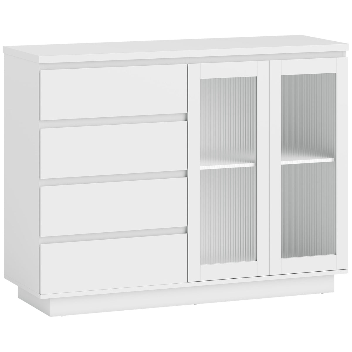 Buffet salon, meuble de rangement avec 4 tiroirs et 2 portes en verre trempé, étagère réglable, 120 x 40 x 91 cm, blanc