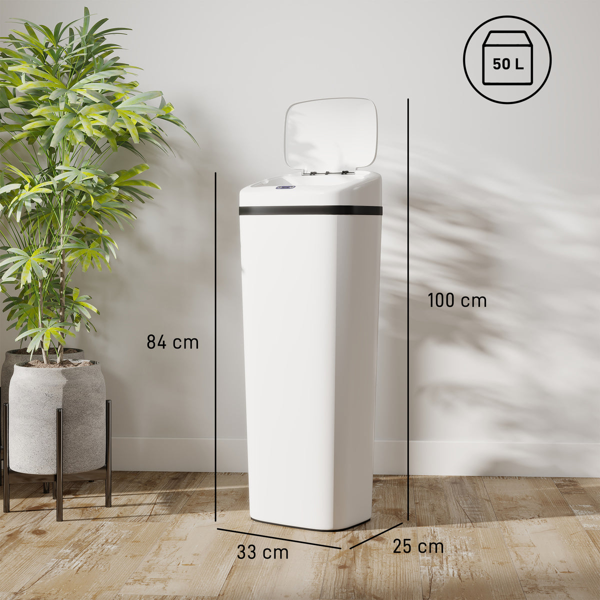 Poubelle cuisine automatique 50L en acier inoxydable, poubelle à capteur de mouvement sans contact, 33x25x84cm, blanc