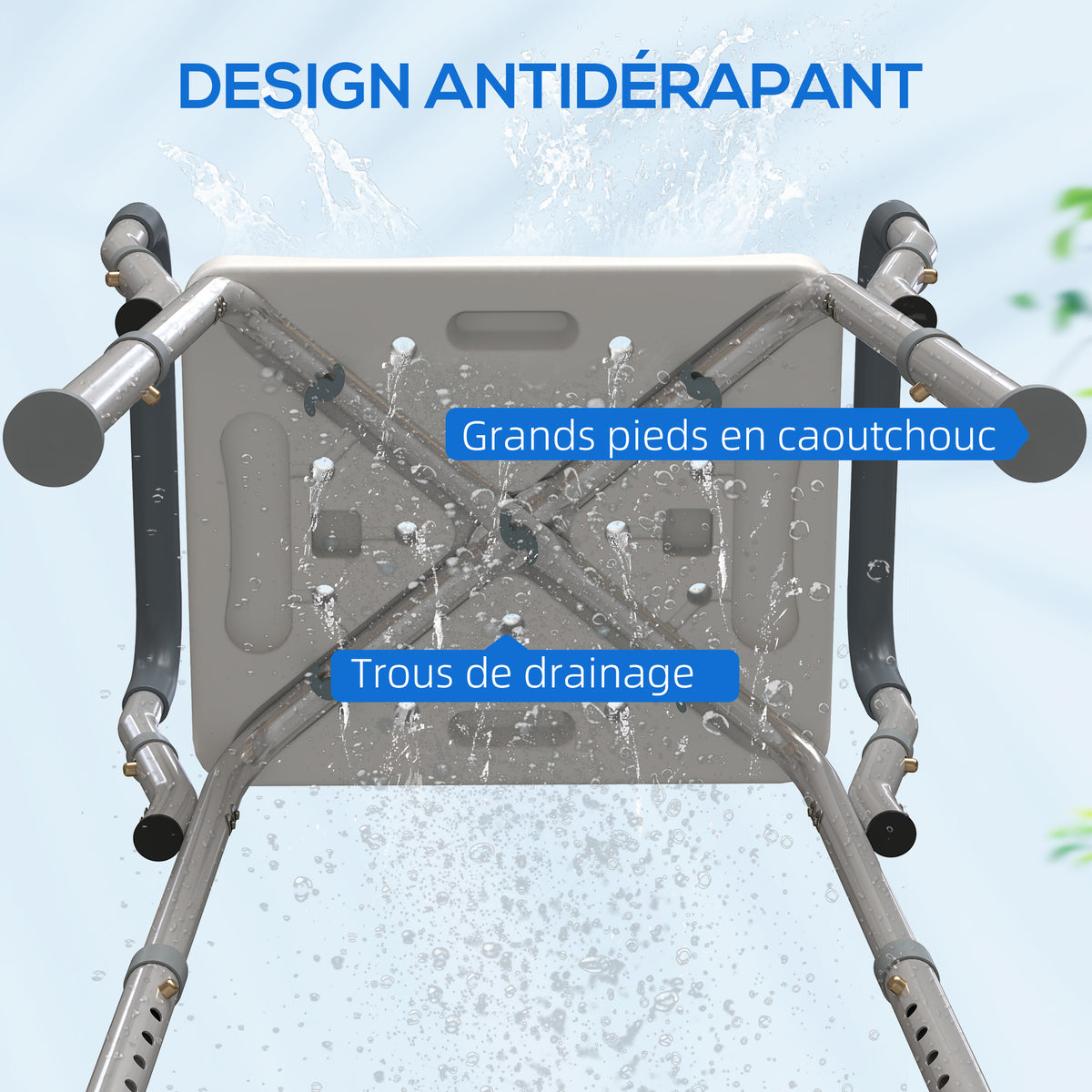 Shower stool for the elderly and disabled with armrests, height adjustable, non-slip feet, gray