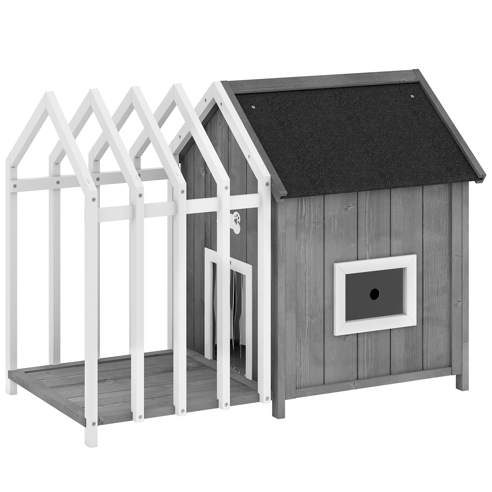 Caseta para perro de madera para exterior con terraza, puerta de láminas, 106 x 62,5 x 80,5 cm, gris