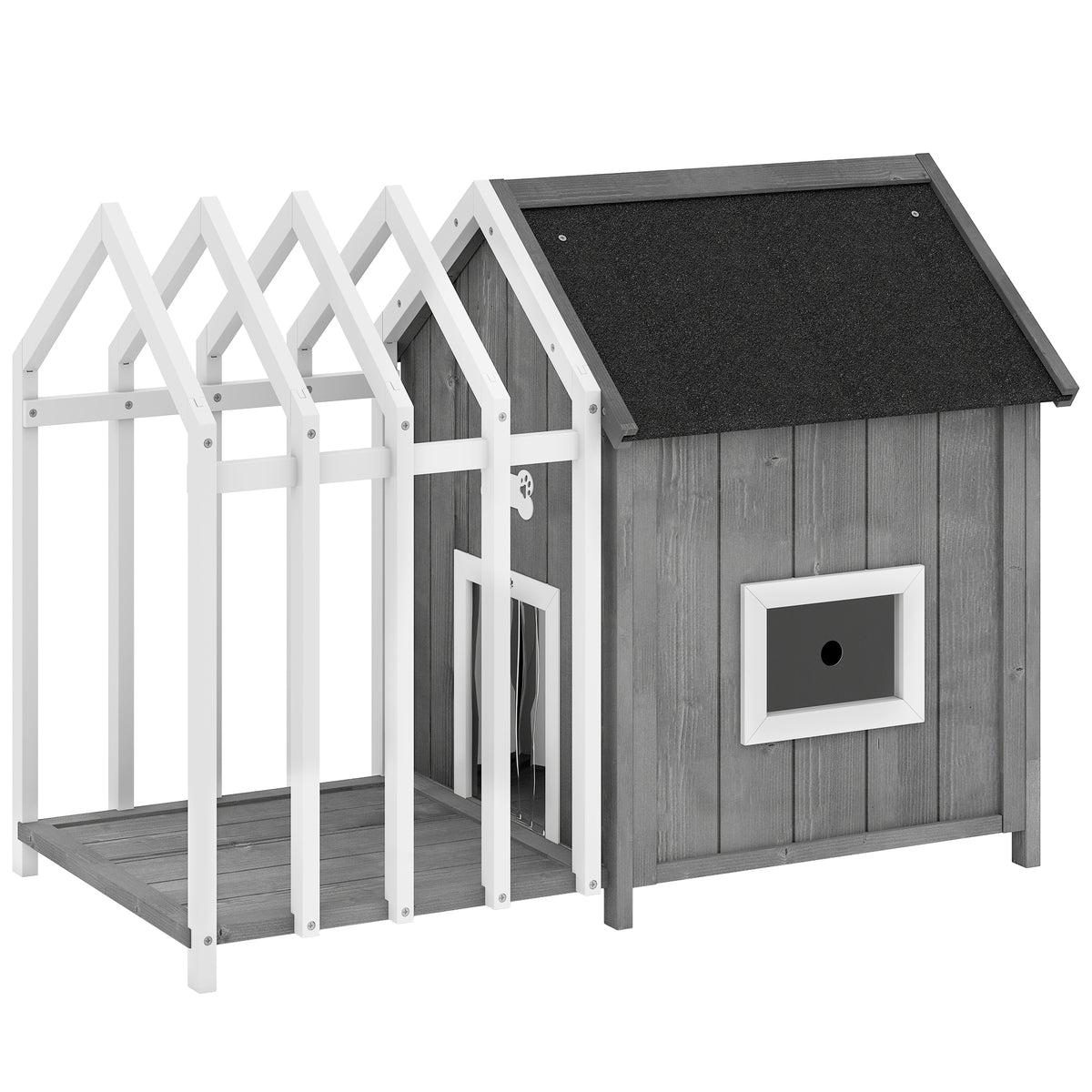 Niche pour chien extérieur en bois maison chien extérieur avec terrasse, porte à lamelles, 106 x 62,5 x 80,5 cm, gris