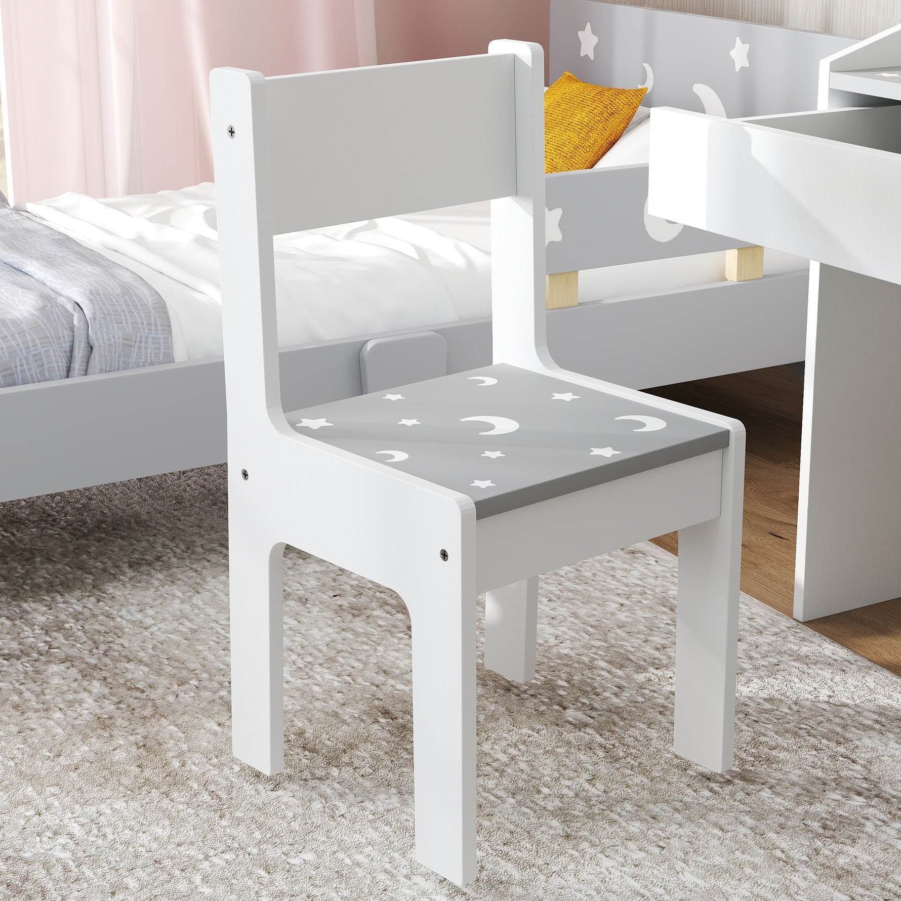 Ensemble Bureau et chaise pour enfants, avec rangement, tiroir coulissant, pour les 3-6 ans, motif étoilé - Gris