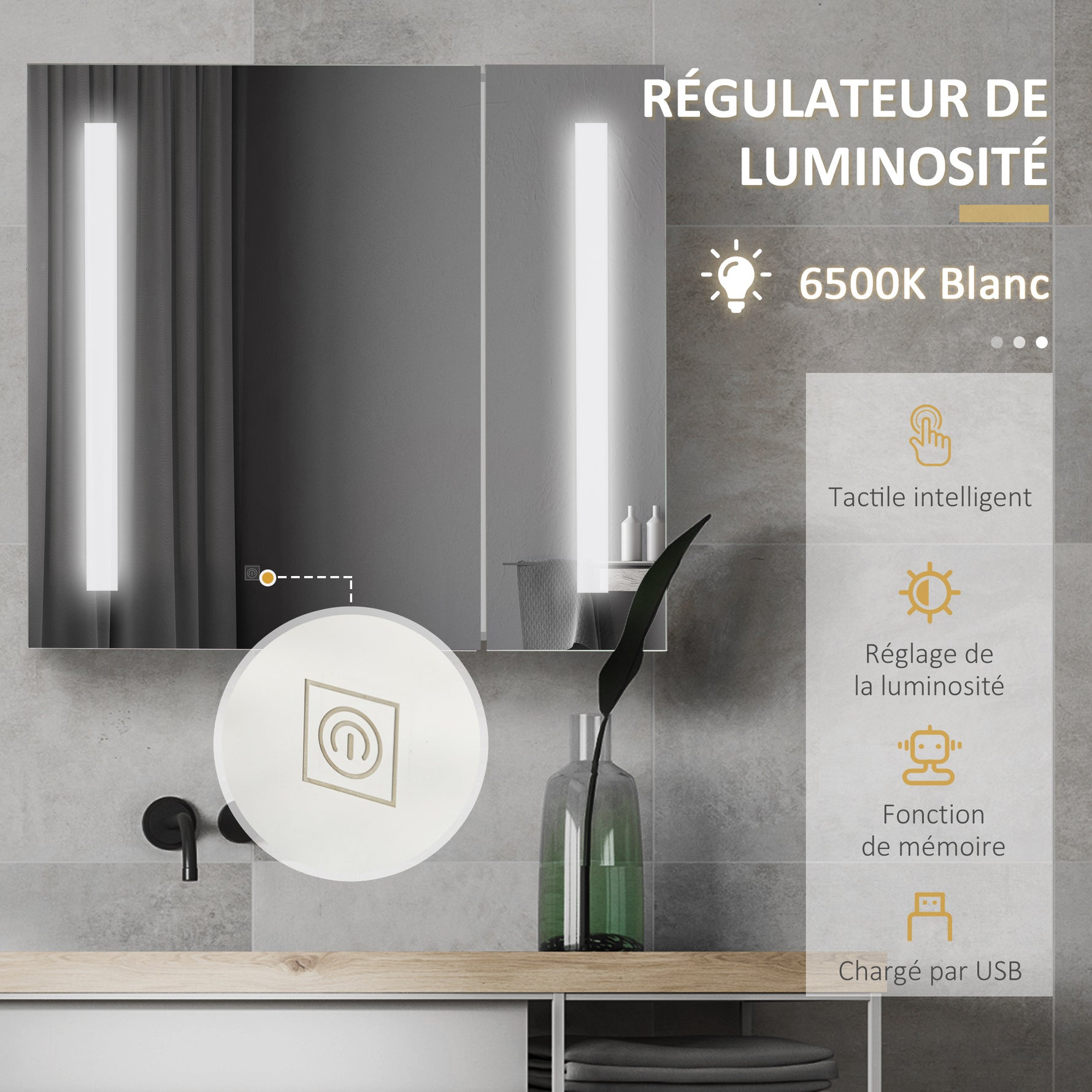 Armoire murale miroir lumineux LED salle de bain 2 portes avec 3 niveaux 70 x 15 x 65 cm blanc