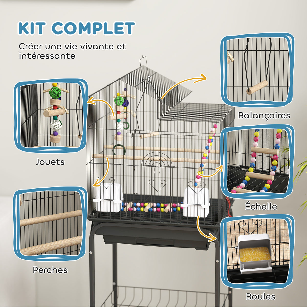Cage à oiseaux sur roues 46 x 36 x 120 cm 2 mangeoires 2 perchoirs étagère cage pour perruche calopsitte conure pinson canaris