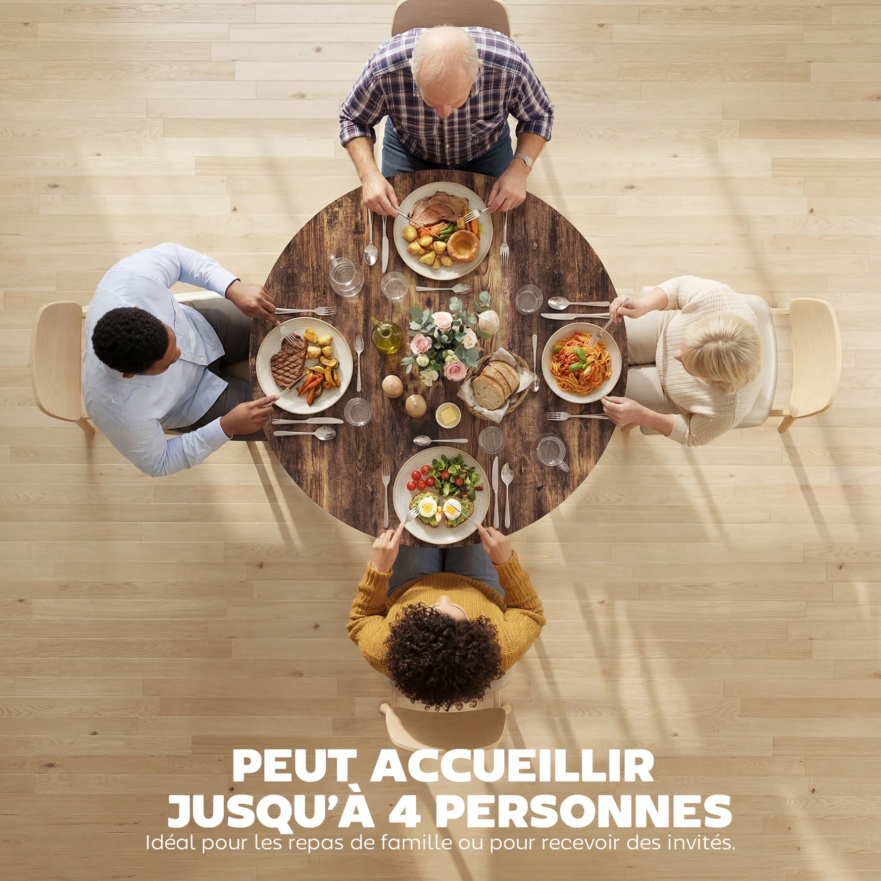 Table à manger ronde pour 4 personnes, Ø 100 x 76 cm, table de cuisine avec large plateau et étagère, brun rustique