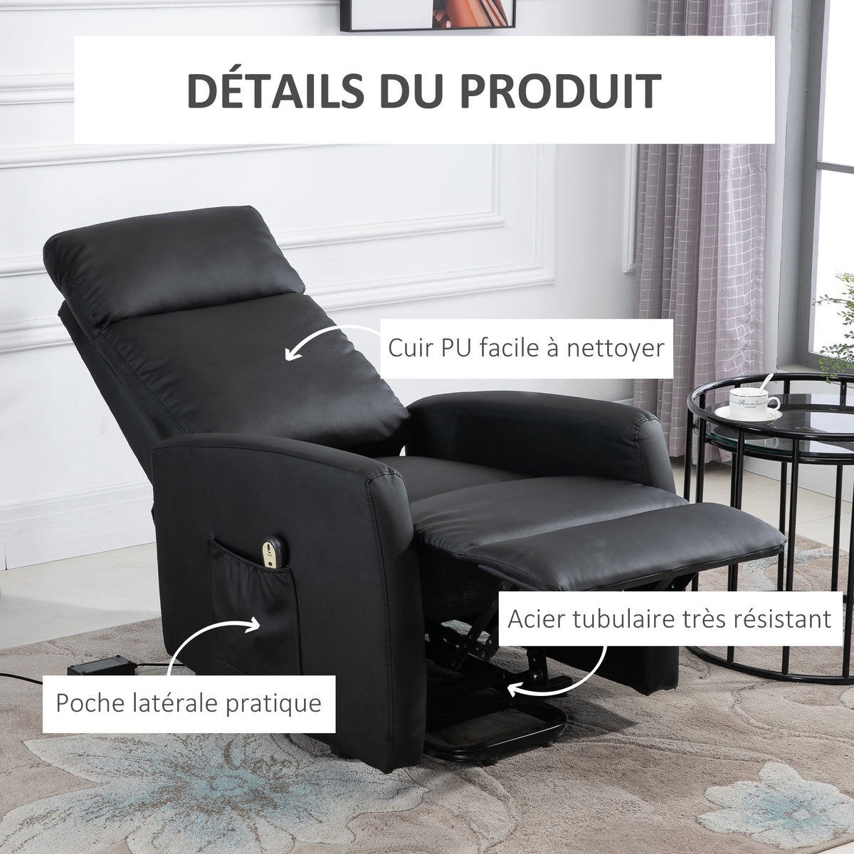 Sillón relax eléctrico reclinable con reposapiés ajustable y mando a distancia, tapizado sintético negro