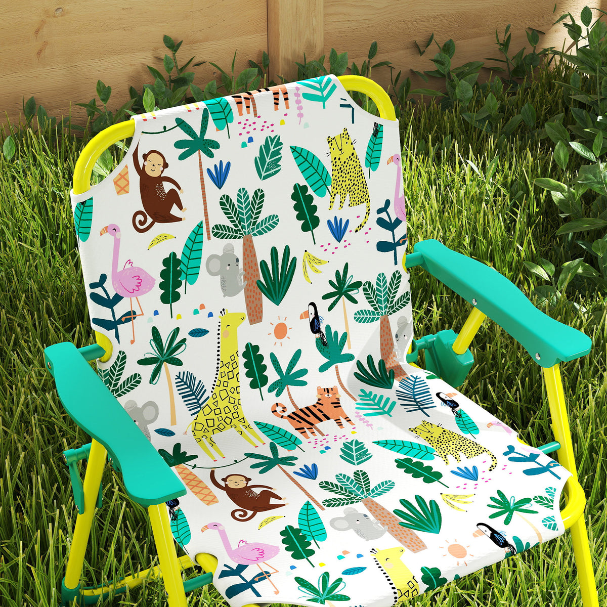 Children's Outdoor Patio Set with 2 Folding Chairs and Parasol, Jungle Theme, for Garden, Terrace, Green