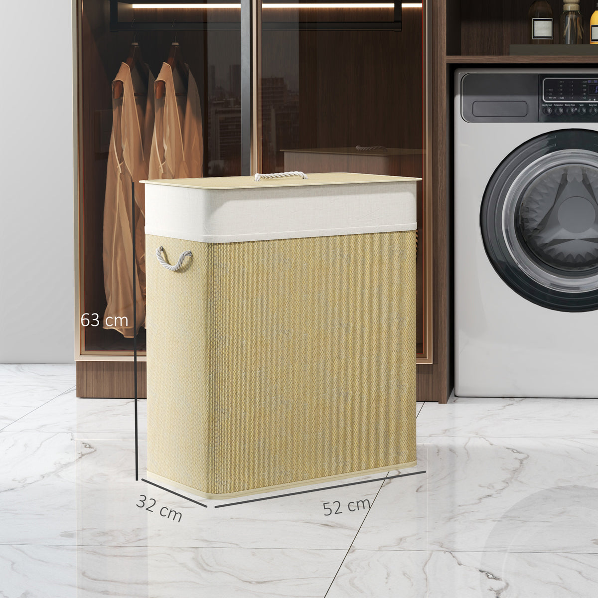 Panier à linge double avec couvercle, panier à linge en bambou 100 L avec poignées en corde