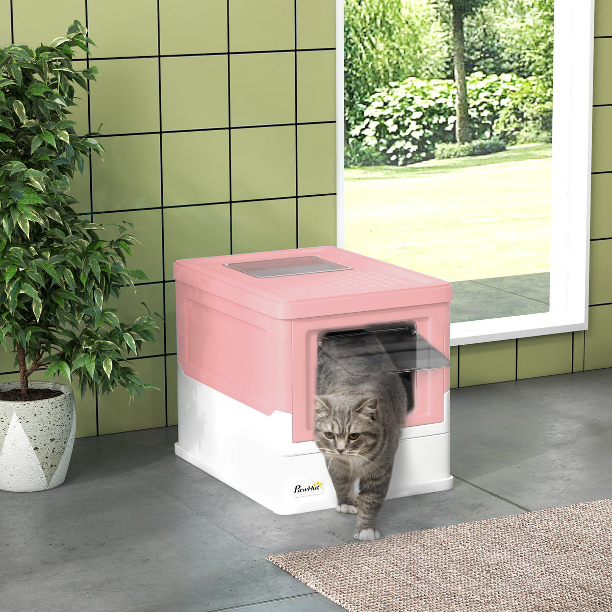Lettiera per gatti pieghevole con doppia porta a battente e apertura superiore, paletta inclusa, 47,5 x 35,5 x 36,7 cm, rosa