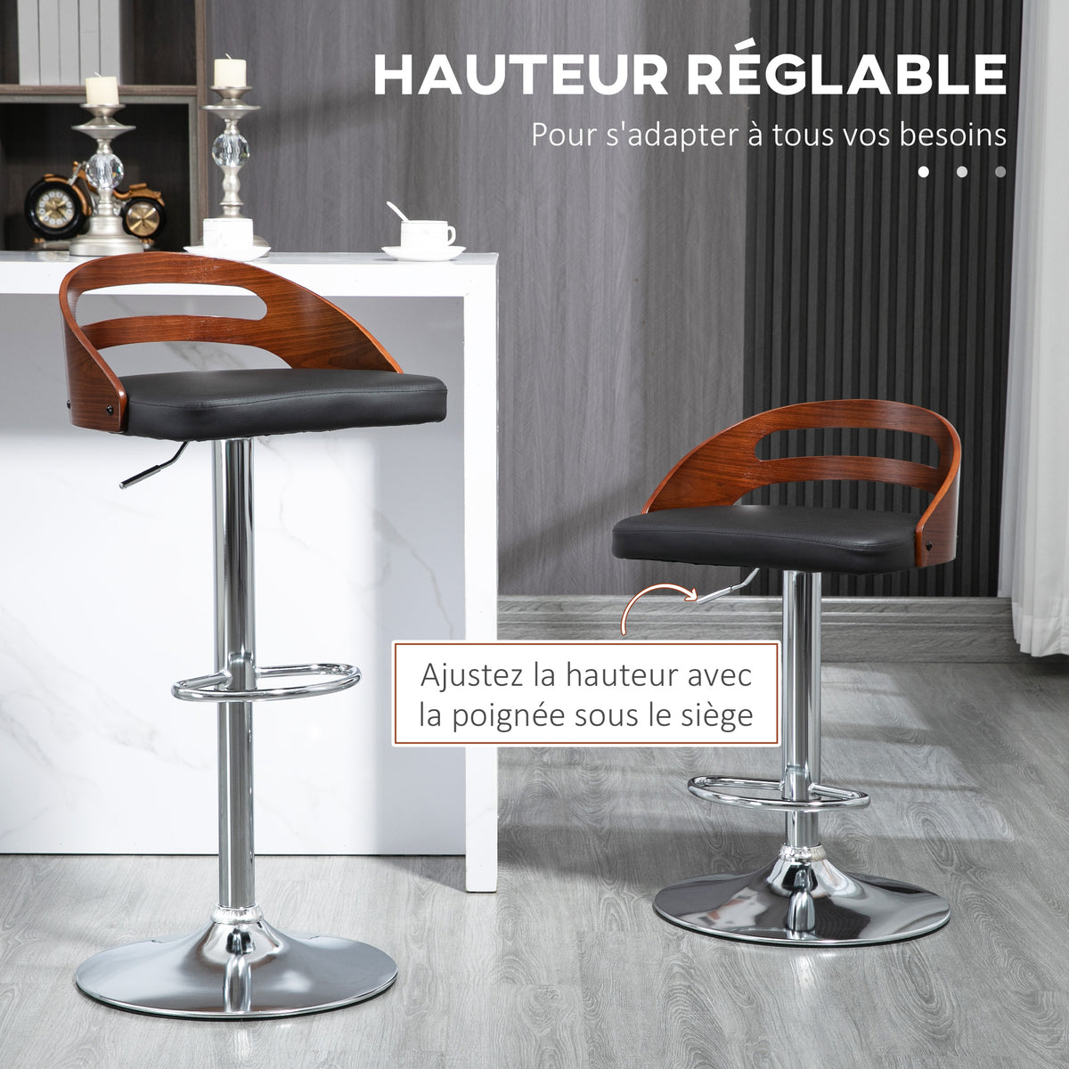 Lot de 2 tabourets de Bar Hauteur d'assise réglable pivotant 360° revêtement synthétique Noir Dossier ajouré