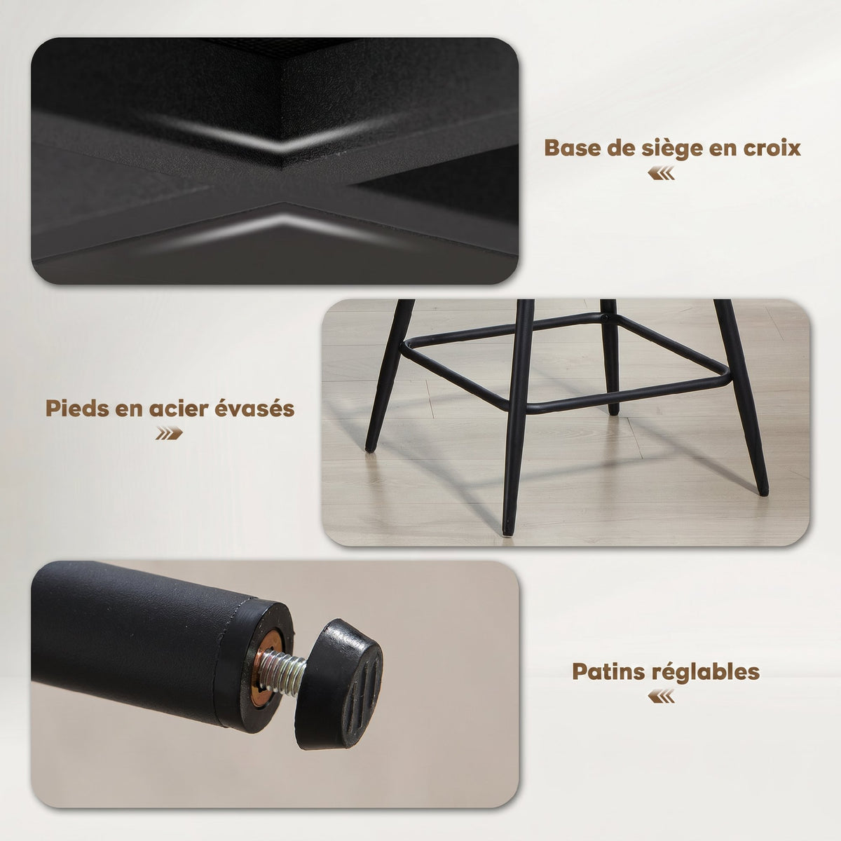 Lot de 2 tabourets de bar en tissu velours côtelé, chaises de bar avec dossier courbé, repose-pieds, 49x52x88cm, beige