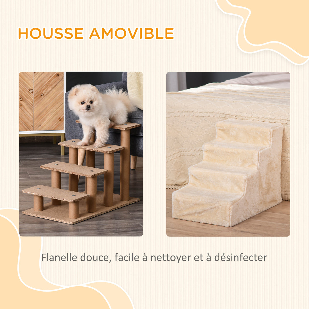 Escalier pour chien à 4 marches escalier pour chat échelle antidérapante housse amovible et lavable 60 x 35 x 44cm beige