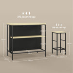 Ensemble table de bar et 2 tabourets style industriel avec étagère de rangement, repose-pieds, métal noir et aspect bois