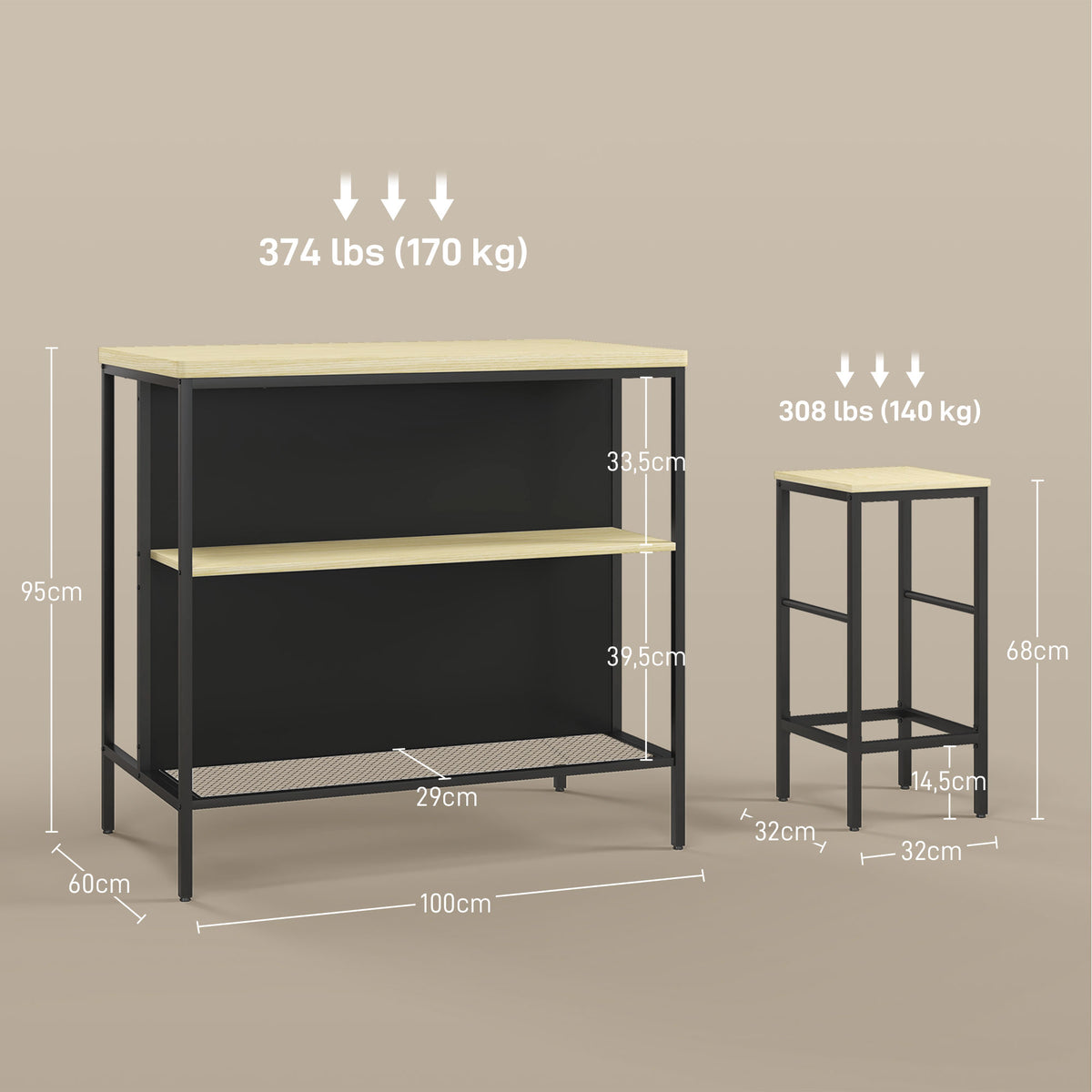 Ensemble table de bar et 2 tabourets style industriel avec étagère de rangement, repose-pieds, métal noir et aspect bois