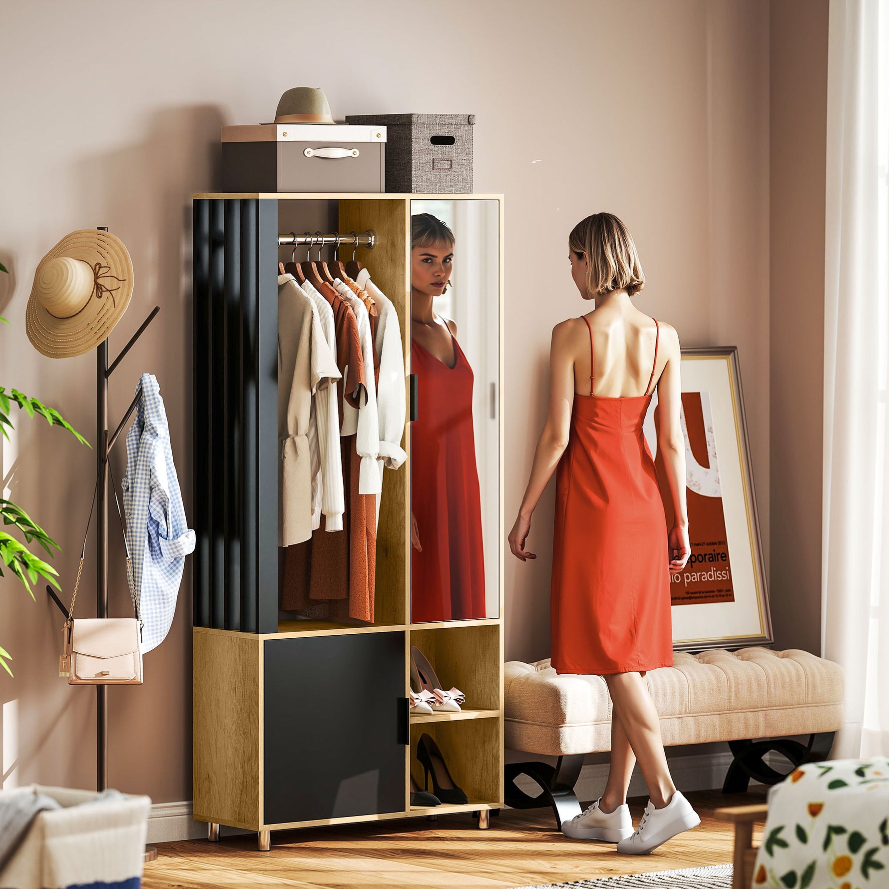 Armoire chambre penderie avec miroir, compartiments ouverts, placard et tringle de suspension, 80 x 30 x 170 cm, naturel
