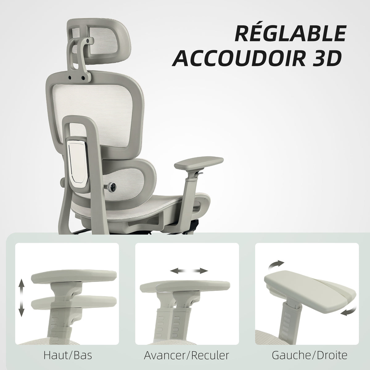Chaise de bureau ergonomique en maille, fauteuil de bureau inclinable, accoudoirs 3D, appui-tête réglable, beige