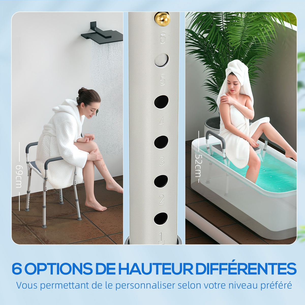 Shower stool for the elderly and disabled with armrests, height adjustable, non-slip feet, gray