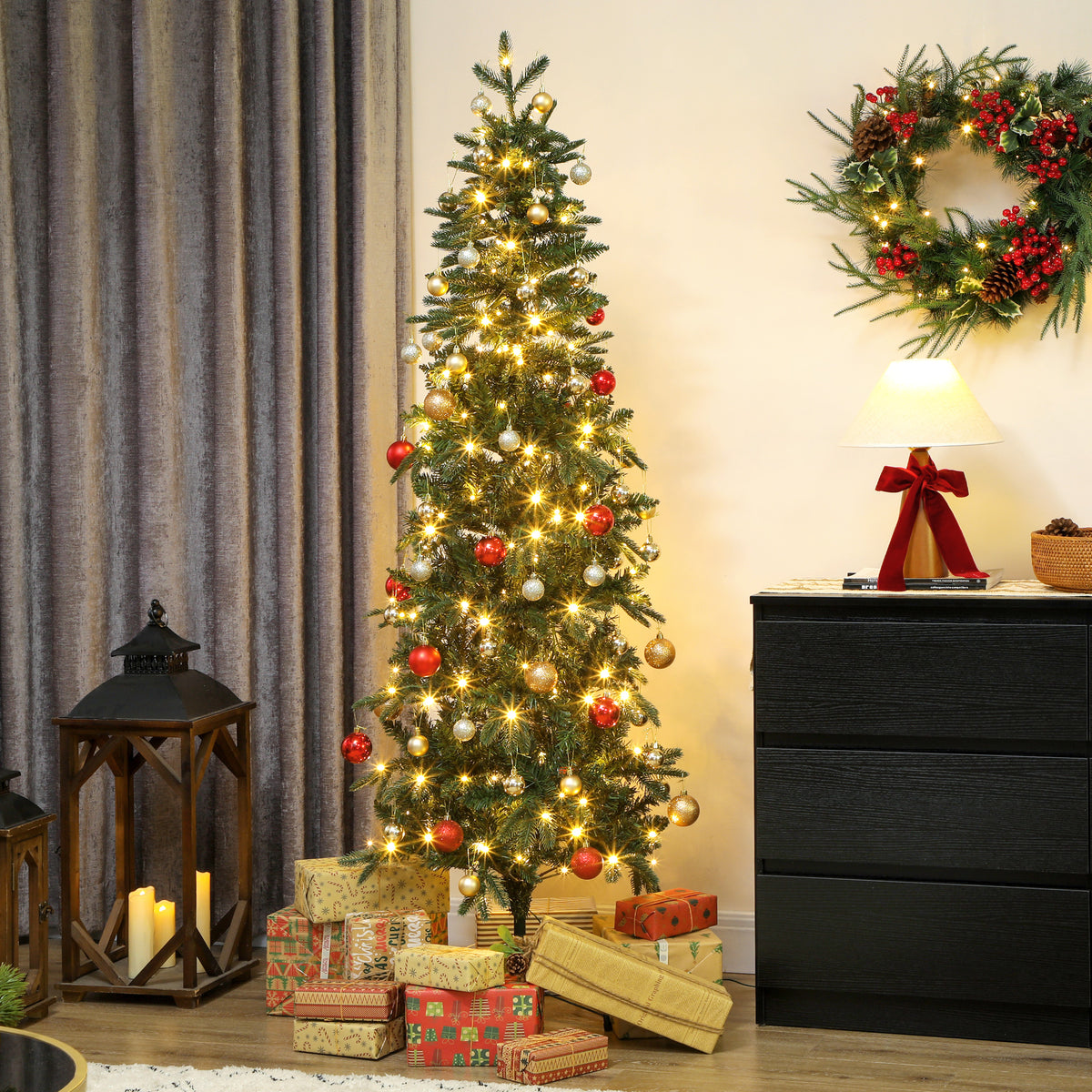 Künstlicher Weihnachtsbaum 180 cm, schmaler Weihnachtsbaum mit 200 Lichtern, 8 Leuchtmodi, 605 klappbare Zweige, grün