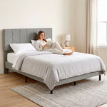 Cadre de Lit 140 x 190 cm avec Sommier et Tête Réglable, Lit Double Rembourré en Lin, Rangement au-dessous, Gris