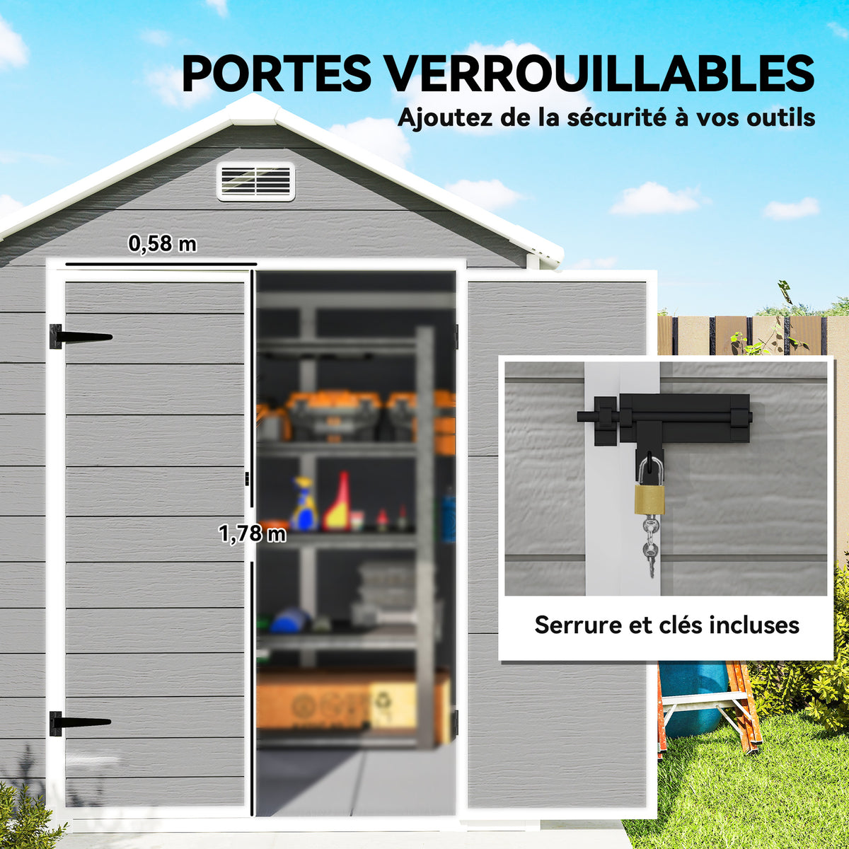 Abri de jardin en résine 2,7 m² avec plancher portes à loquet 3 fenêtre structure en aluminium 240 x 190 x 228 cm gris